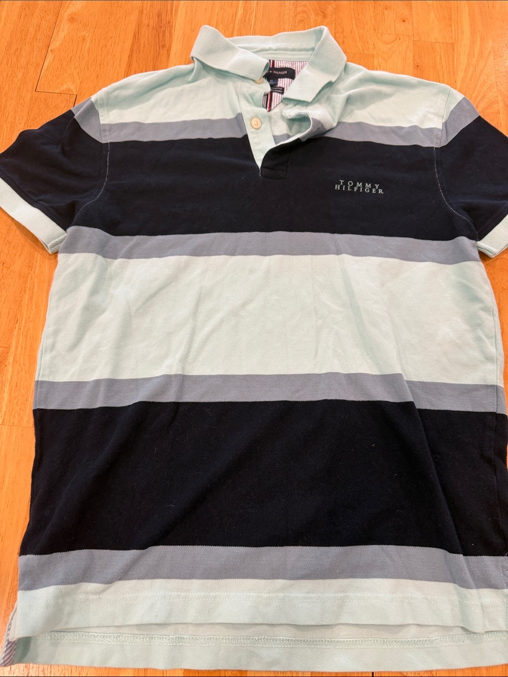 Tommy Hilfiger Men's Wide Stripe Polo in Light Blue & Navy